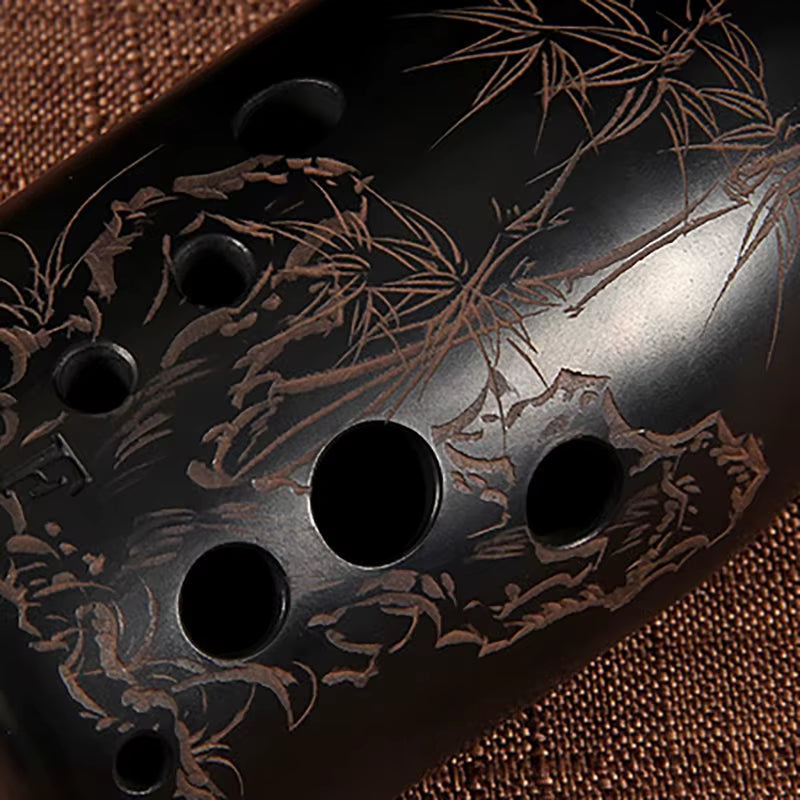 Dark ceramic Ocarina with bamboo and dragon designs, 10-Hole F Key Chinese Instrument