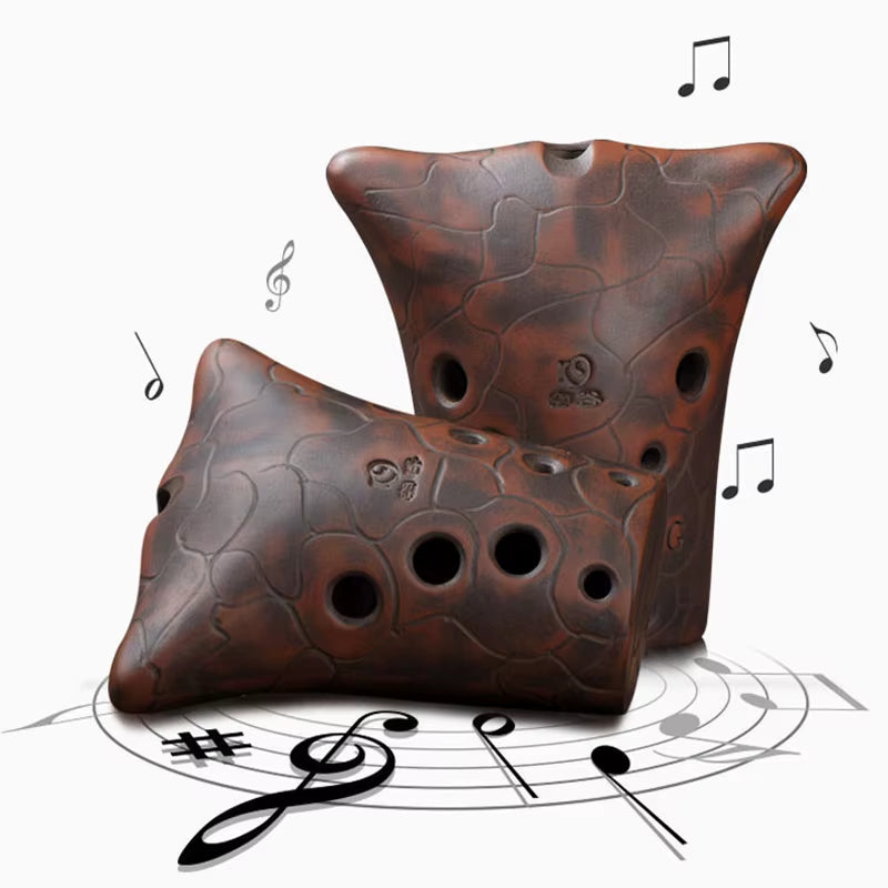 Brown ceramic ocarina with crackled texture for 10-Hole Double Cavity Chinese Xun