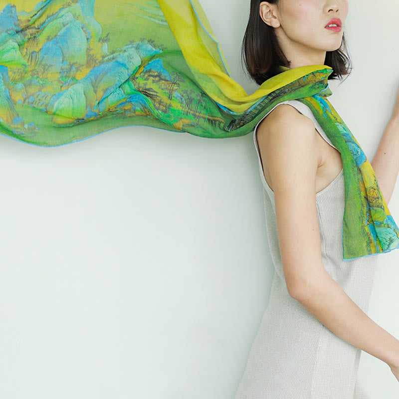 100% Mulberry Silk Tibetan Scarf Panorama of Rivers and Mountains