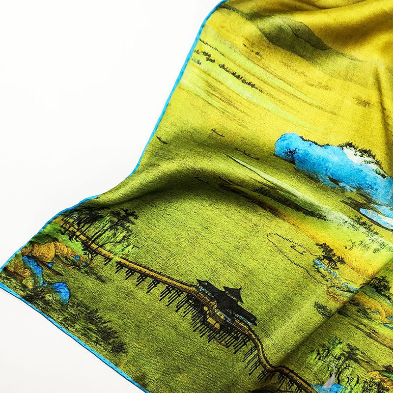 100% Mulberry Silk Tibetan Scarf Panorama of Rivers and Mountains