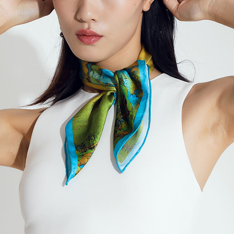 100% Mulberry Silk Tibetan Scarf Panorama of Rivers and Mountains