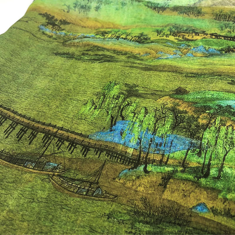 100% Mulberry Silk Tibetan Scarf Panorama of Rivers and Mountains