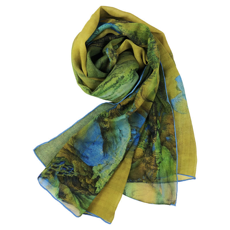 100% Mulberry Silk Tibetan Scarf Panorama of Rivers and Mountains