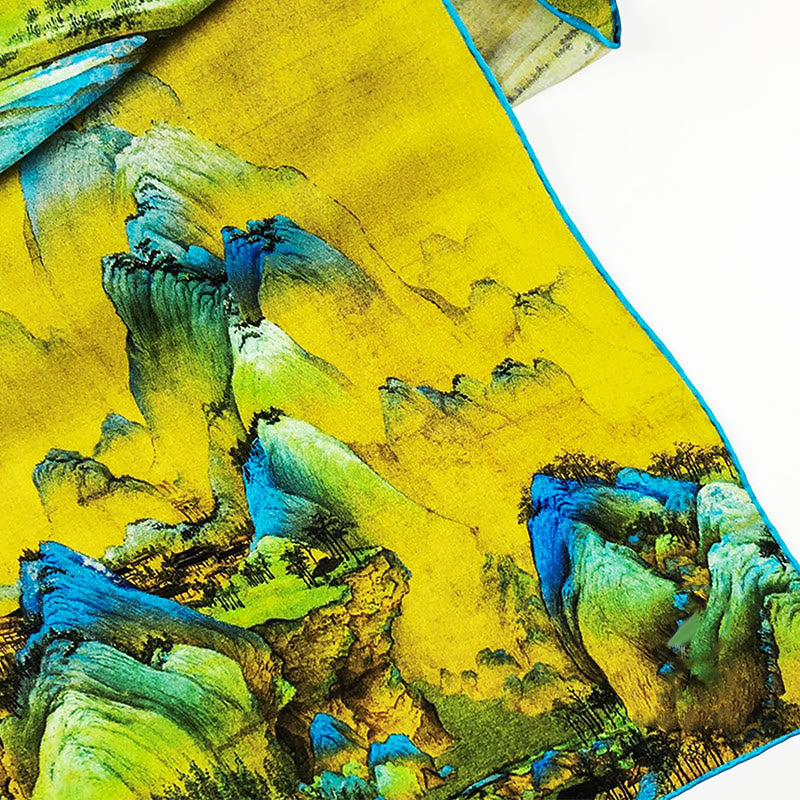 100% Mulberry Silk Tibetan Scarf Panorama of Rivers and Mountains