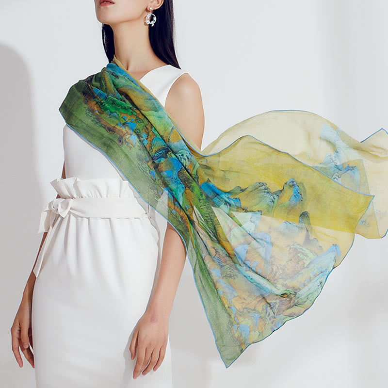 100% Mulberry Silk Tibetan Scarf Panorama of Rivers and Mountains