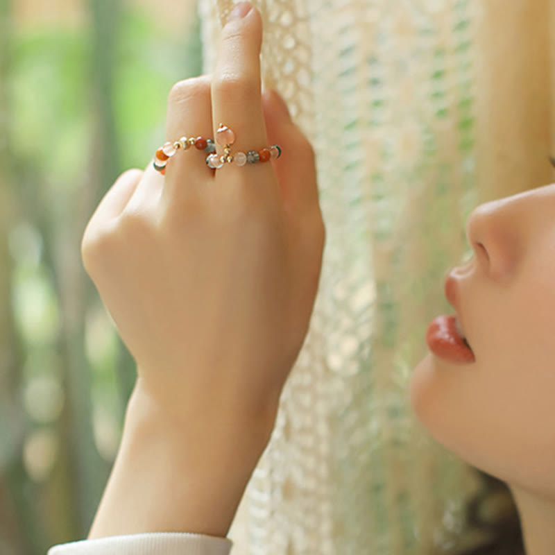 14k Gold Plated Peach Moonstone Fu Lu Shou Ring for Happiness
