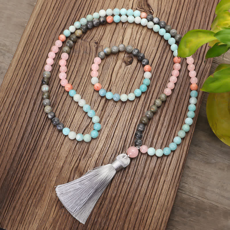 108 Bead Amazonite & Black Glitter Stone Gemstone Mala Bracelet