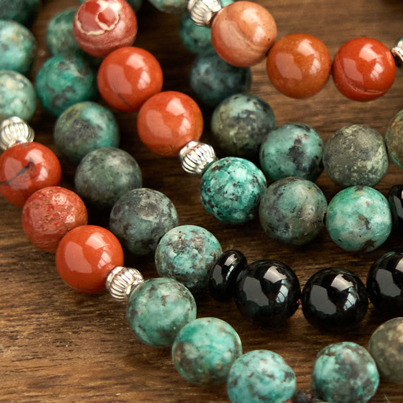 108 Bead Black Onyx Red Jasper Turquoise Gemstone Mala Bracelet