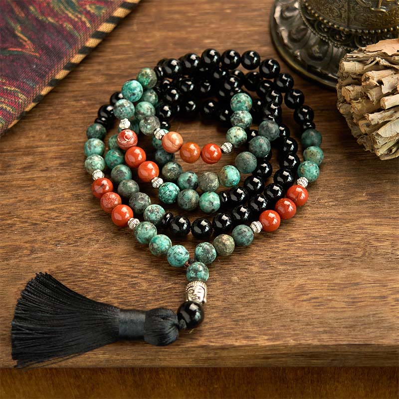 108 Bead Black Onyx Red Jasper Turquoise Gemstone Mala Bracelet