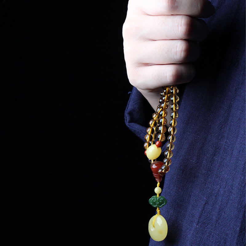108 Bead Citrine and Amber Gemstone Mala Bracelet for Peace