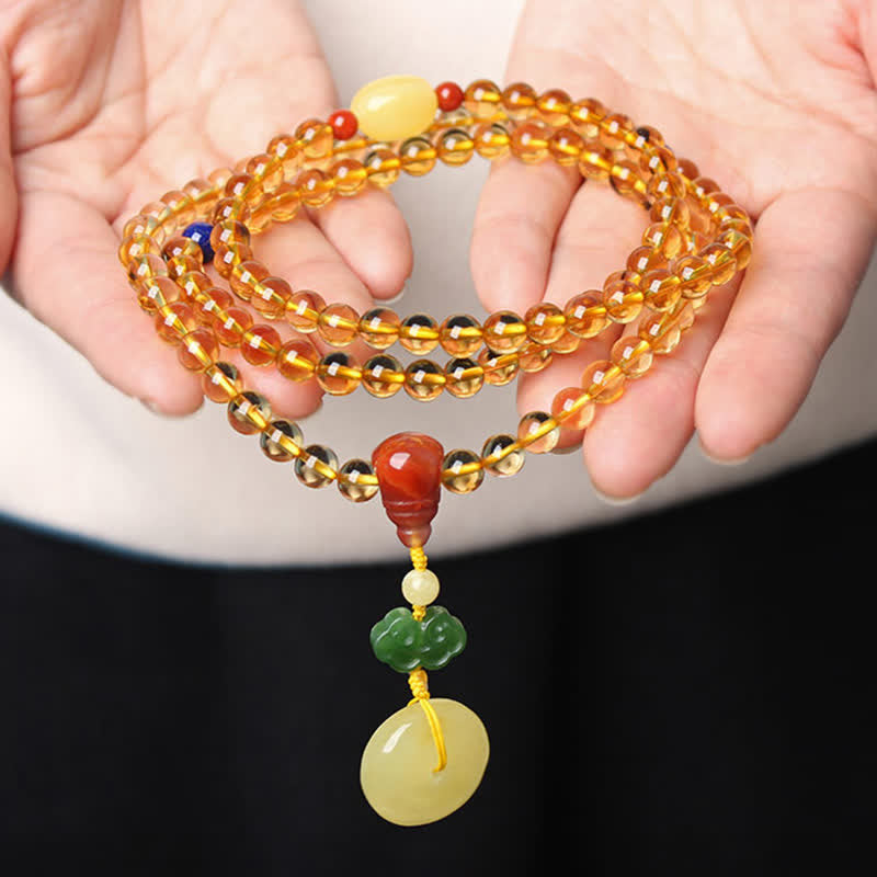 108 Bead Citrine and Amber Gemstone Mala Bracelet for Peace