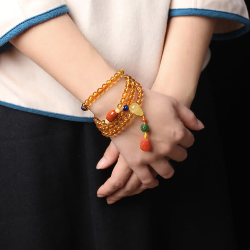 108 Bead Citrine and Amber Gemstone Mala Bracelet for Peace