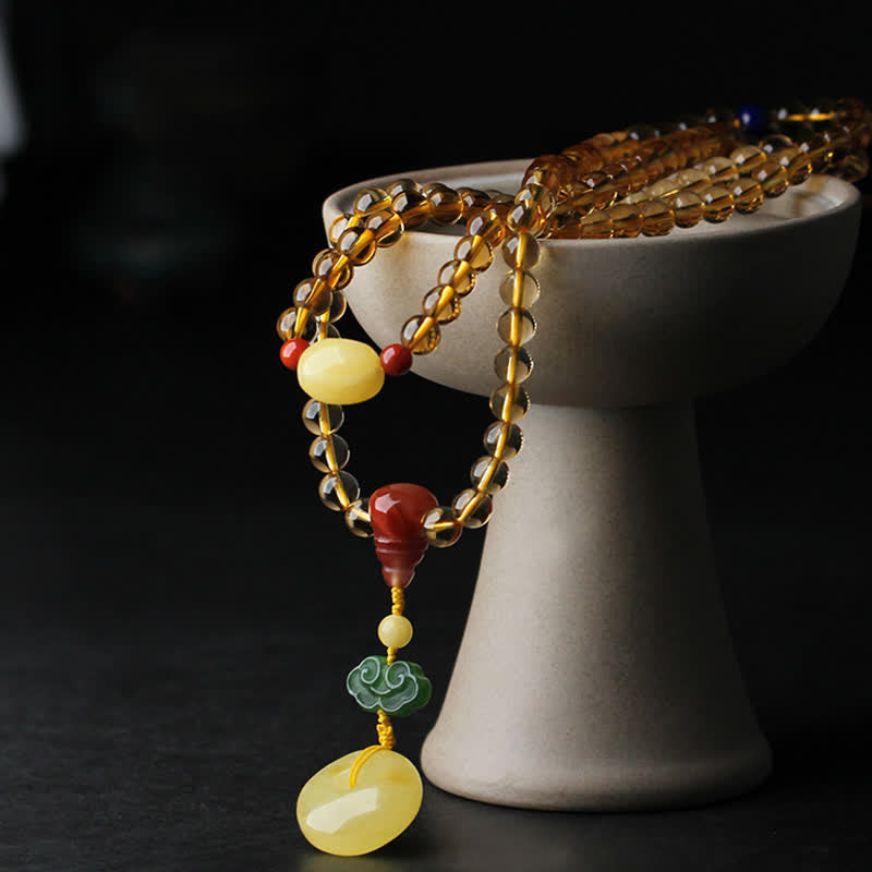 108 Bead Citrine and Amber Gemstone Mala Bracelet for Peace