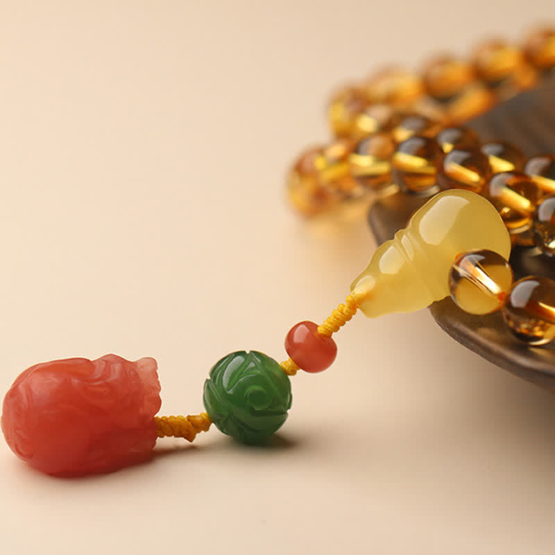 108 Bead Citrine and Amber Gemstone Mala Bracelet for Peace