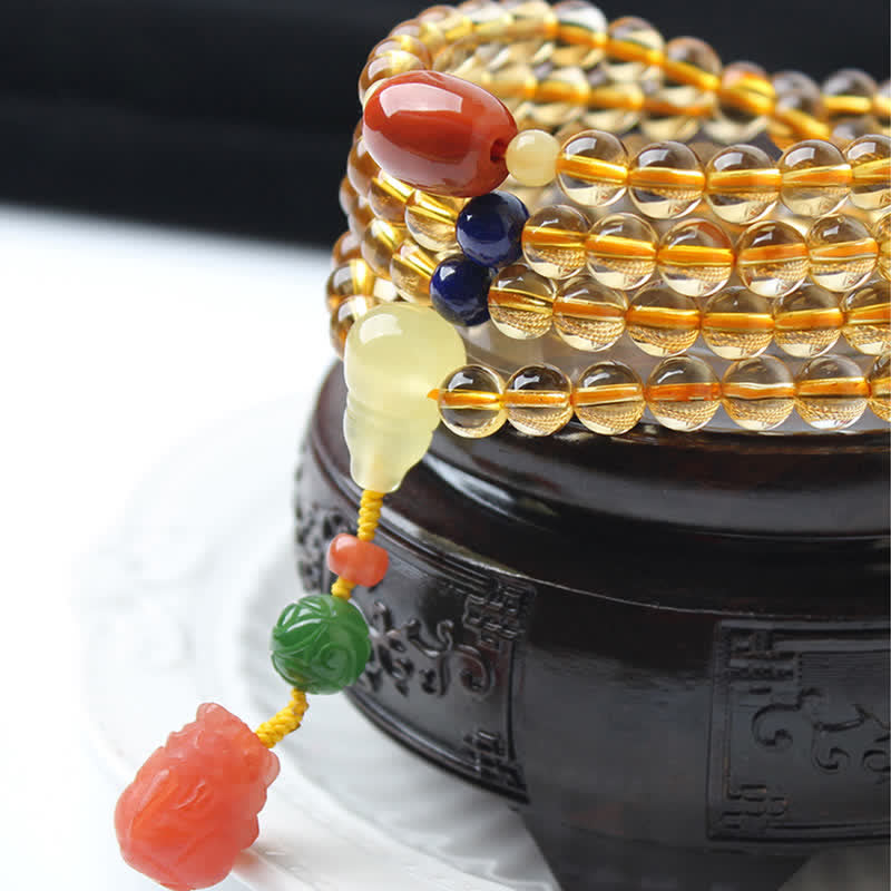 108 Bead Citrine and Amber Gemstone Mala Bracelet for Peace