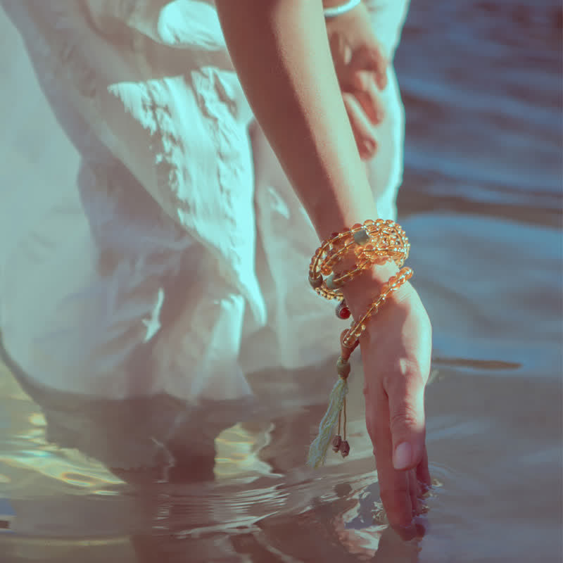 108 Bead Citrine Gemstone Mala Bracelet for Prosperity & Protection