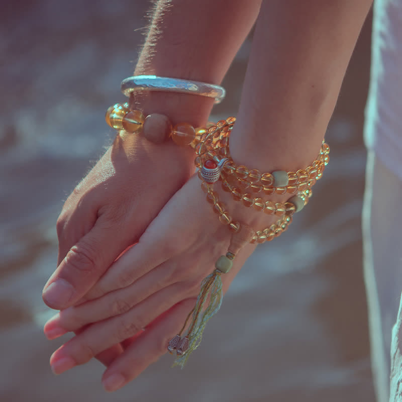 108 Bead Citrine Gemstone Mala Bracelet for Prosperity & Protection