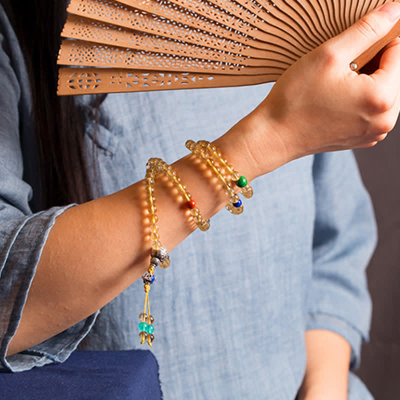 108-Bead Citrine & Red Agate Mala Bracelet for Meditation