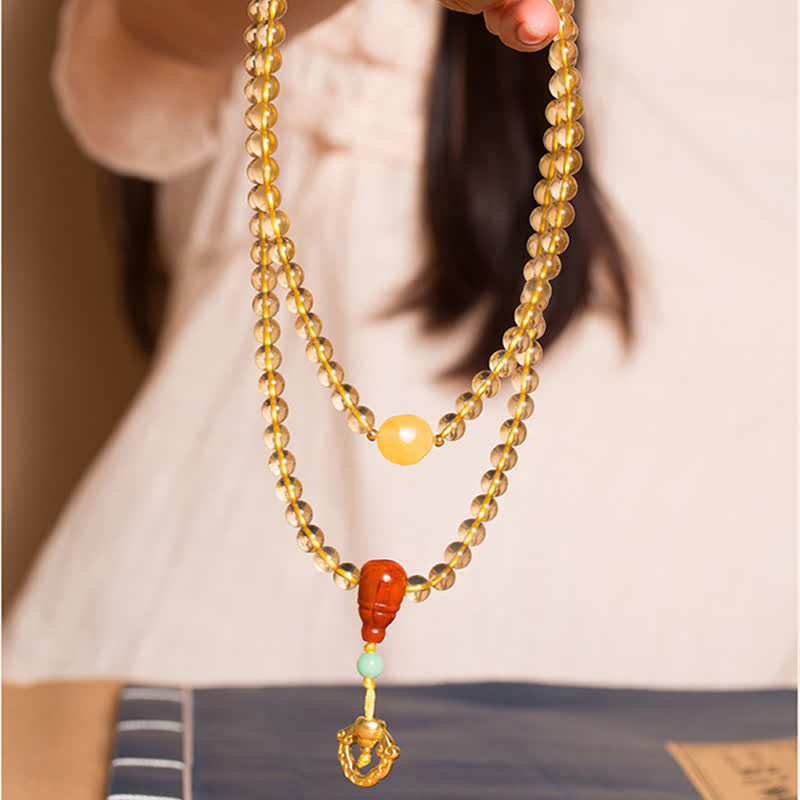 108-Bead Citrine & Red Agate Mala Bracelet for Meditation