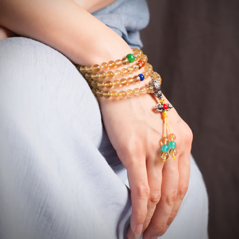 108-Bead Citrine & Red Agate Mala Bracelet for Meditation