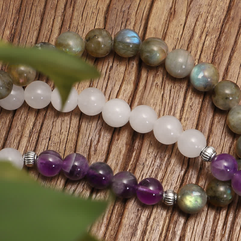 108 Bead Gemstone Mala Bracelet | White Agate Amethyst