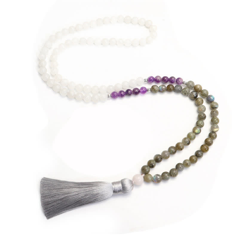 108 Bead Gemstone Mala Bracelet | White Agate Amethyst