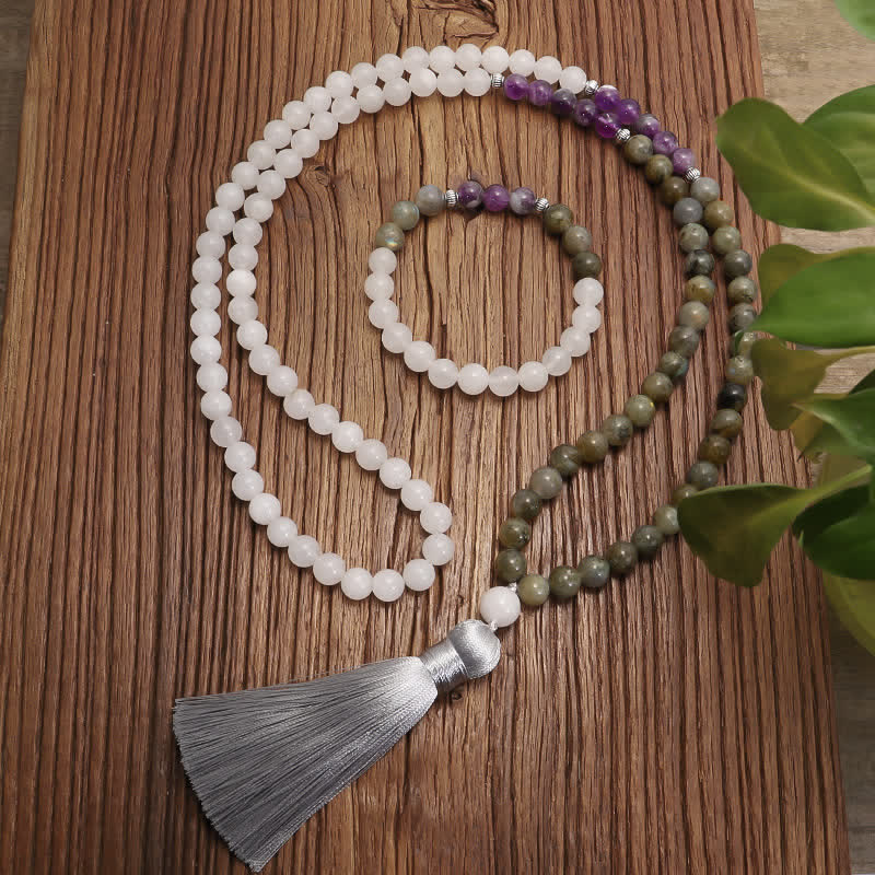 108 Bead Gemstone Mala Bracelet | White Agate Amethyst
