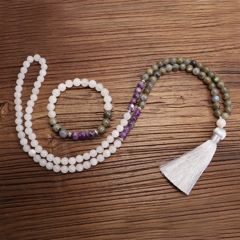 108 Bead Gemstone Mala Bracelet | White Agate Amethyst