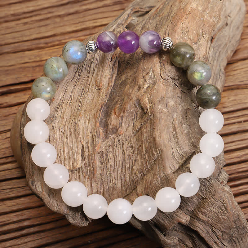108 Bead Gemstone Mala Bracelet | White Agate Amethyst