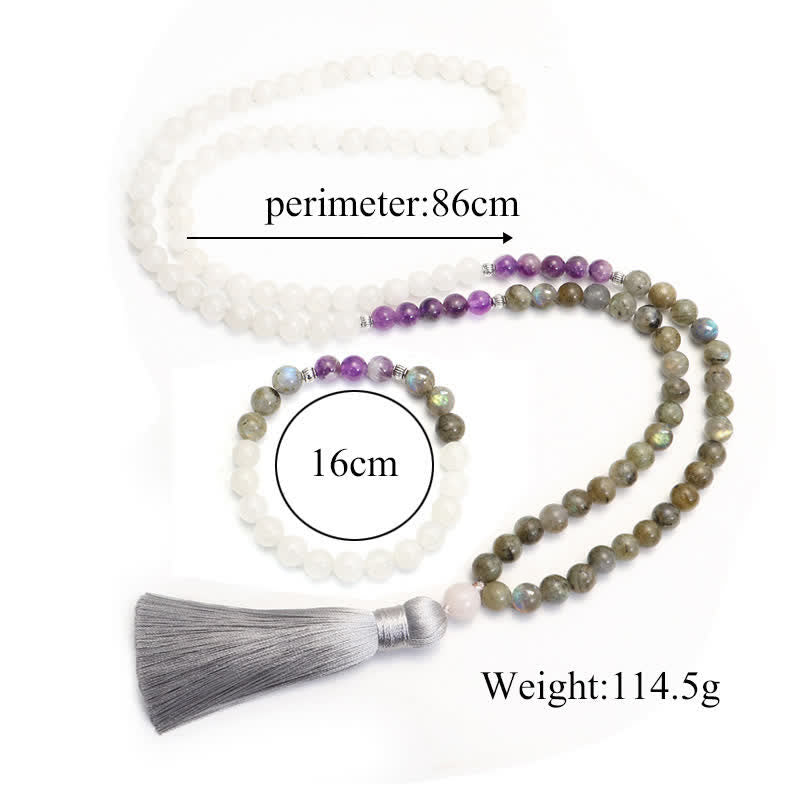 108 Bead Gemstone Mala Bracelet | White Agate Amethyst