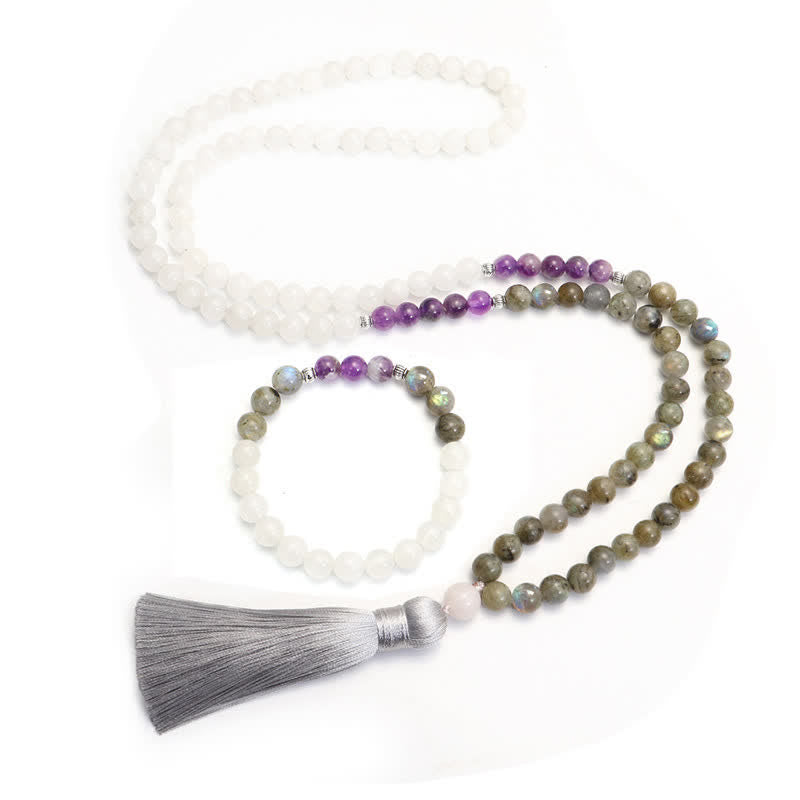 108 Bead Gemstone Mala Bracelet | White Agate Amethyst