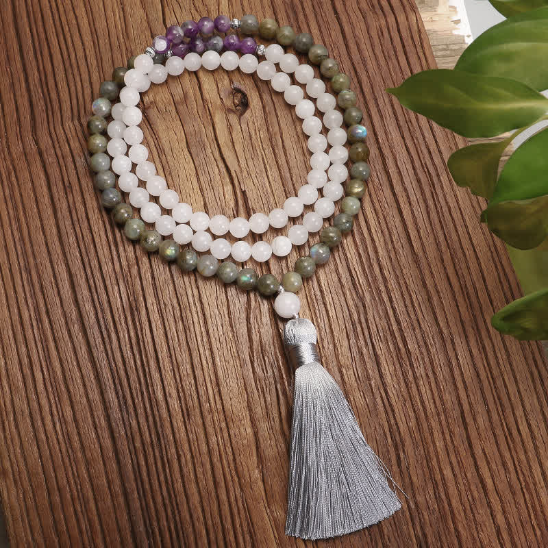 108 Bead Gemstone Mala Bracelet | White Agate Amethyst