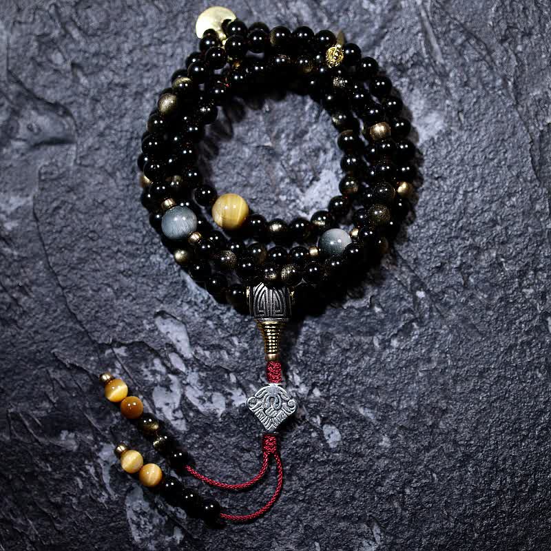 108 Bead Gold Sheen Obsidian Tigereye Wealth Bracelet