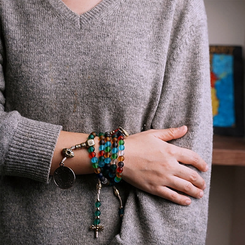 108 Bead Liuli Glass Mala Bracelet with Chinese Zodiac Charms