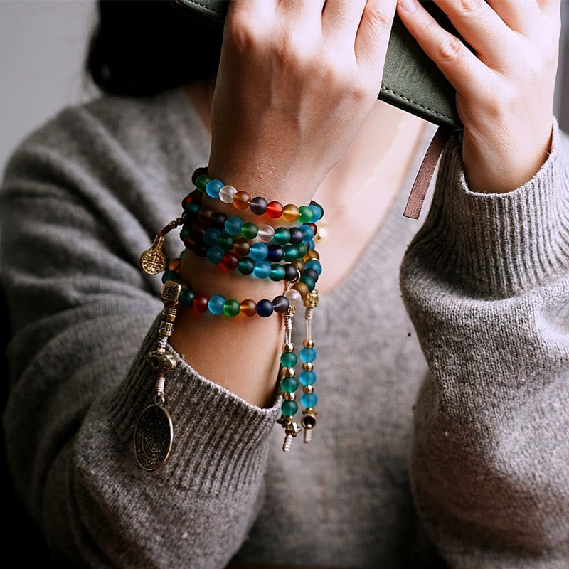 108 Bead Liuli Glass Mala Bracelet with Chinese Zodiac Charms