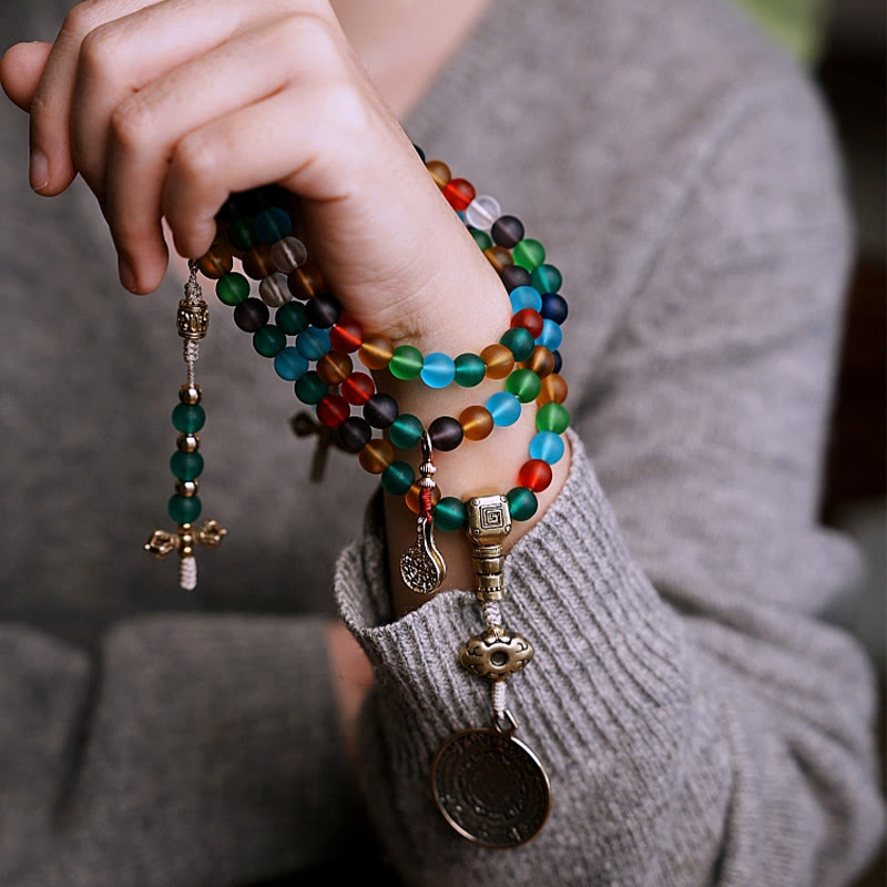 108 Bead Liuli Glass Mala Bracelet with Chinese Zodiac Charms