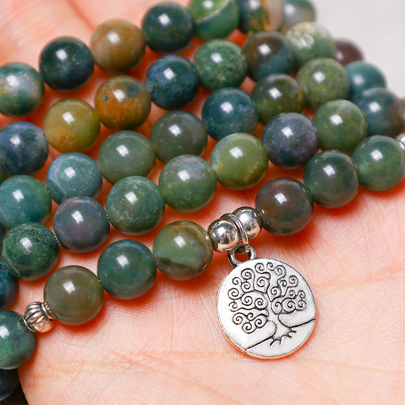 108 Bead Mala Bracelet Indian Agate with Spiritual Symbols