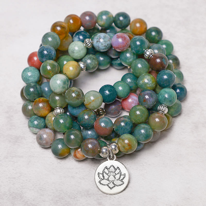 108 Bead Mala Bracelet Indian Agate with Spiritual Symbols