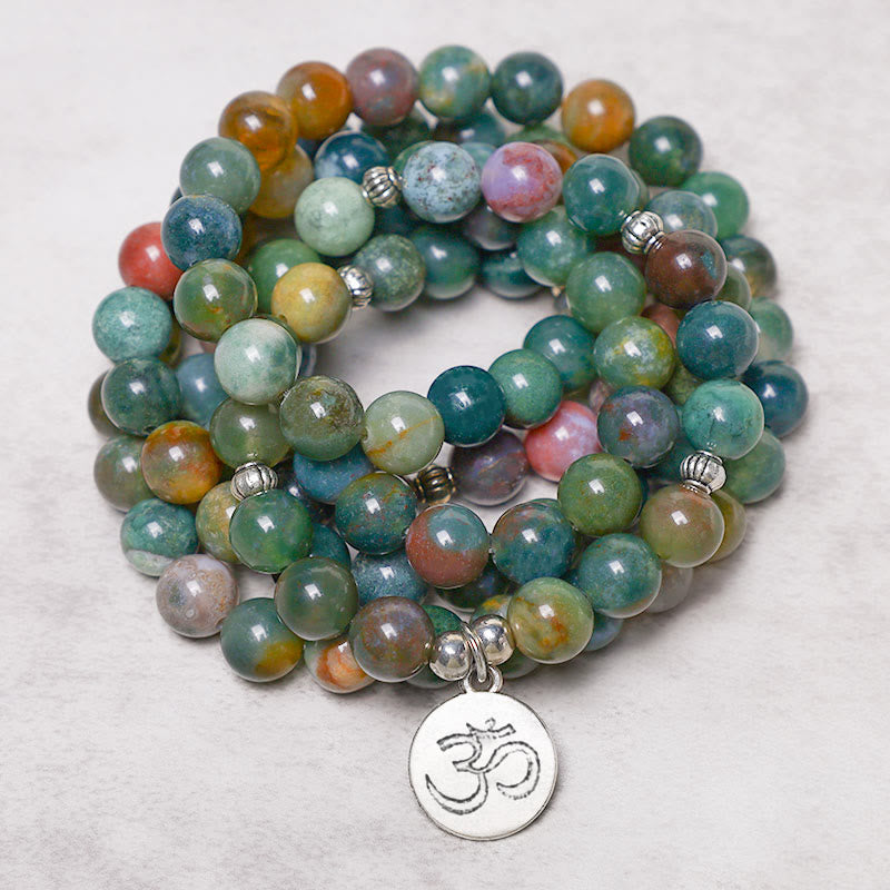 108 Bead Mala Bracelet Indian Agate with Spiritual Symbols