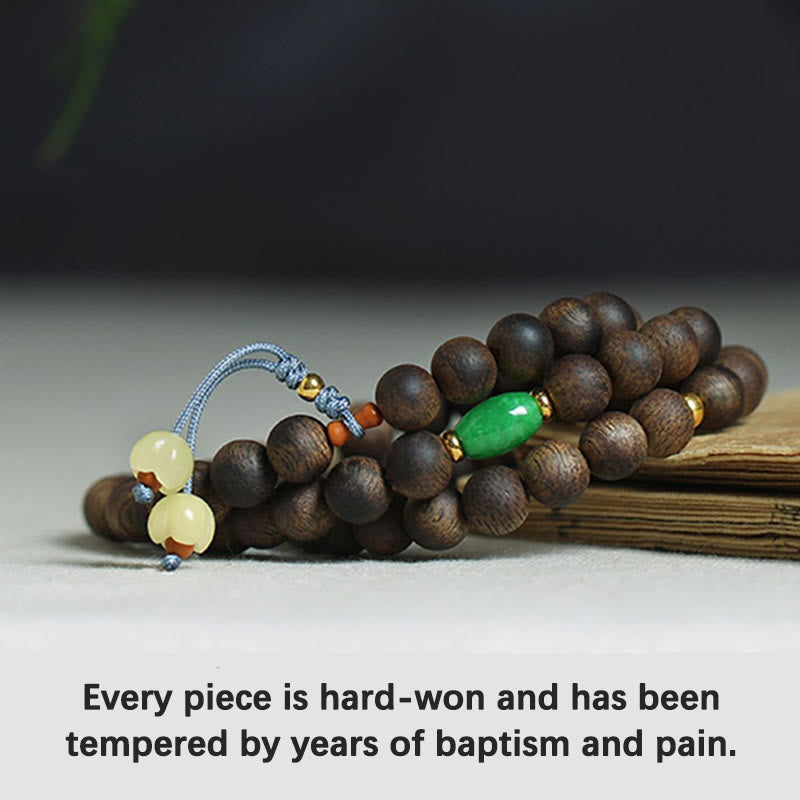 108 Bead Mala Meditation Bracelet with Agarwood Cyan Jade Amber