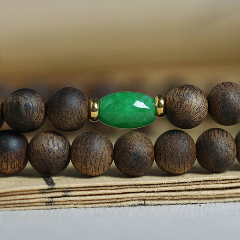108 Bead Mala Meditation Bracelet with Agarwood Cyan Jade Amber