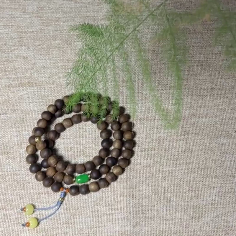 108 Bead Mala Meditation Bracelet with Agarwood Cyan Jade Amber