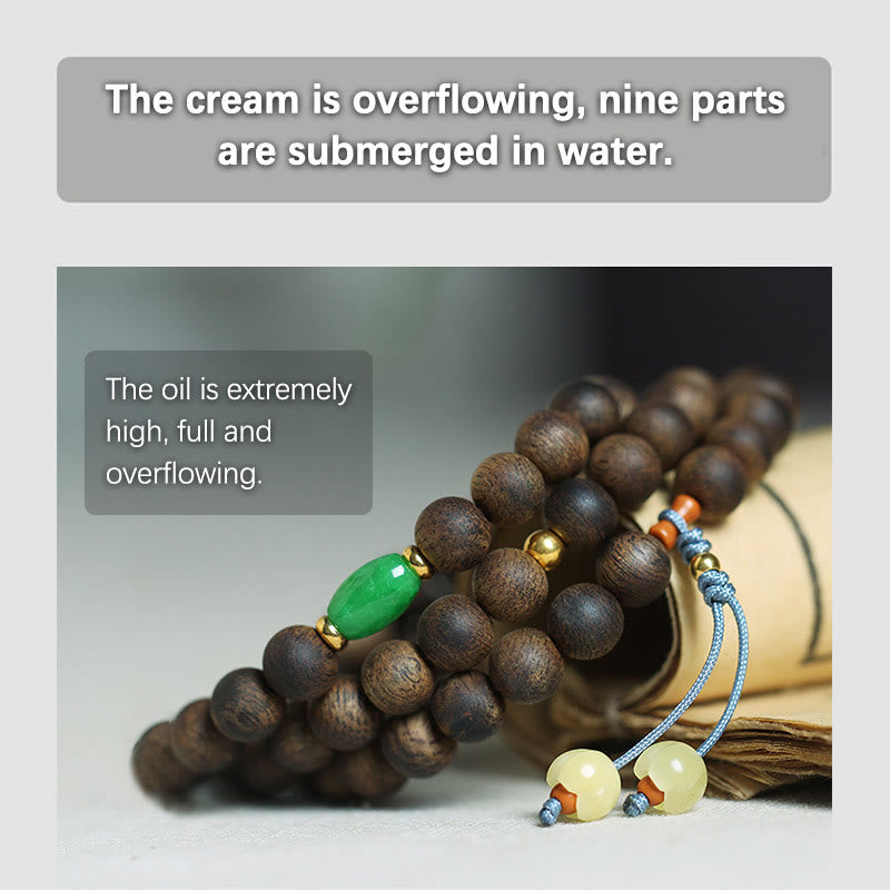 108 Bead Mala Meditation Bracelet with Agarwood Cyan Jade Amber
