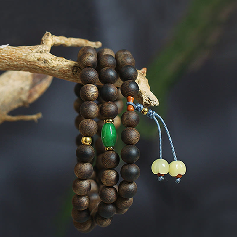 108 Bead Mala Meditation Bracelet with Agarwood Cyan Jade Amber