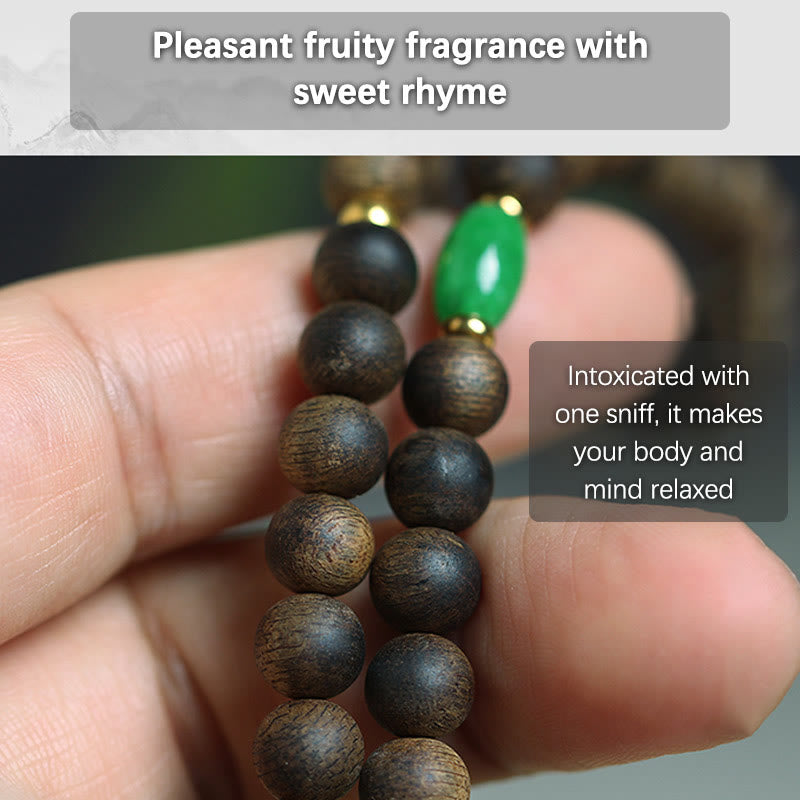 108 Bead Mala Meditation Bracelet with Agarwood Cyan Jade Amber