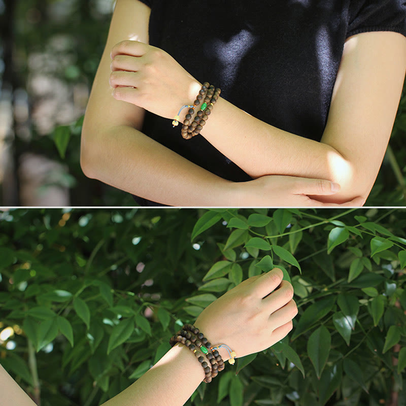 108 Bead Mala Meditation Bracelet with Agarwood Cyan Jade Amber