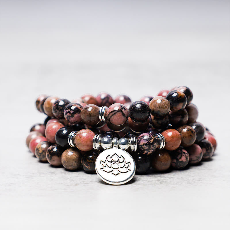 108 Bead Rhodonite Lotus Compassion Mala Bracelet