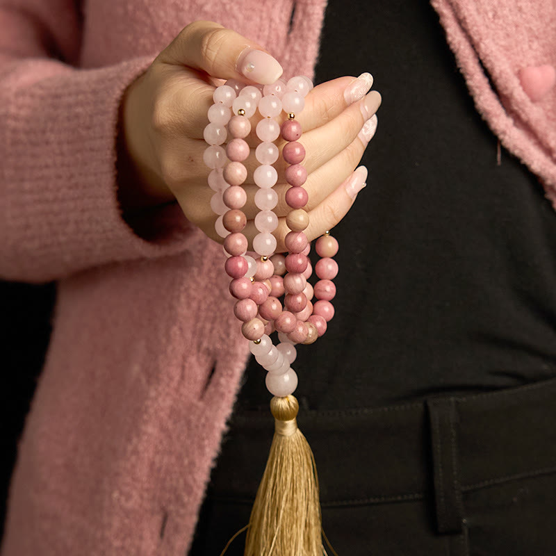 108 Bead Rhodonite Rose Quartz Mala Bracelet for Healing Harmony