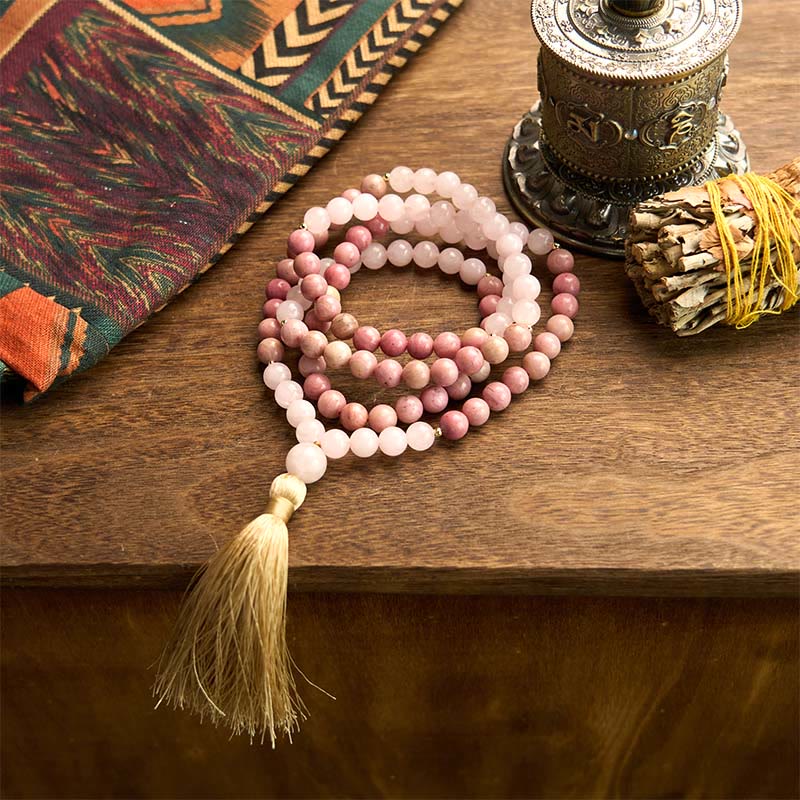 108 Bead Rhodonite Rose Quartz Mala Bracelet for Healing Harmony