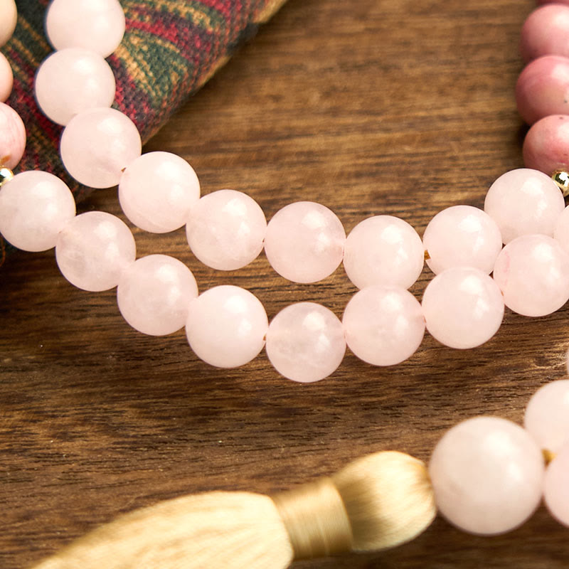 108 Bead Rhodonite Rose Quartz Mala Bracelet for Healing Harmony